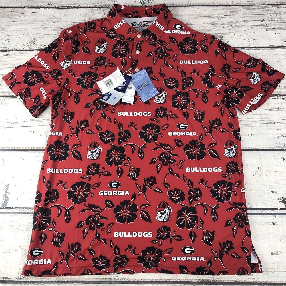 Reyn Spooner UGA Georgia Bulldog Performance Polo  Medium‎ Aloha Print Red NWT